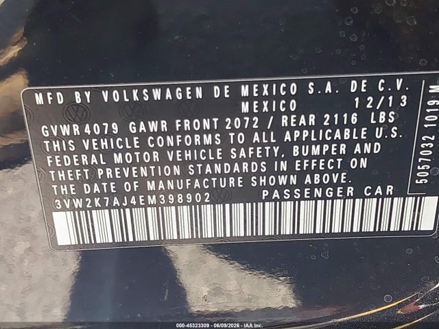 Volkswagen Jetta 2.0l S 2014 3VW2K7AJ4EM398902 Image 9
