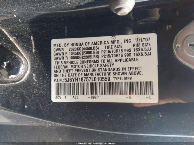 Aukcja sprzedaży 2007 Honda Element Ex, vin: 5J6YH18757L010559, numer aukcji: 45323317