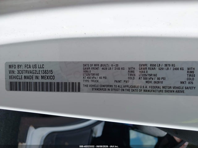 Продажа на аукционе авто 2020 Ram Promaster 1500 Low Roof 136 Wb, vin: 3C6TRVAG2LE138315, номер лота: 45323332