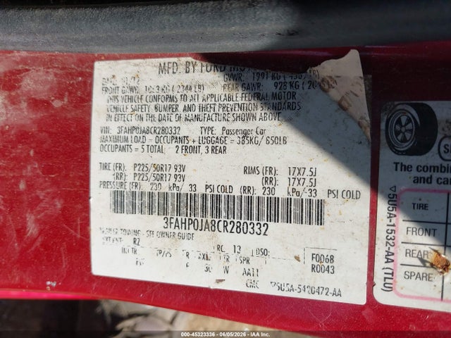 2012 Ford Fusion Sel მანქანა იყიდება აუქციონზე, vin: 3FAHP0JA8CR280332, აუქციონის ნომერი: 45323336