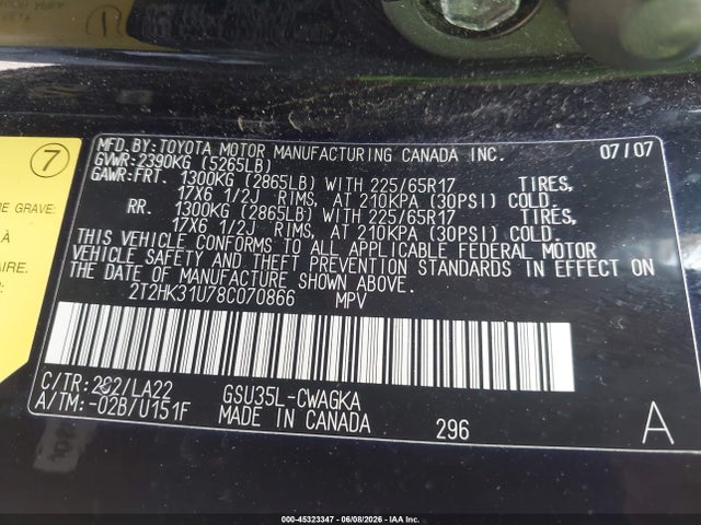 45323347 :رقم المزاد ، 2T2HK31U78C070866 vin ، 2008 Lexus Rx 350 مزاد بيع