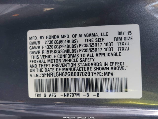 Aukcja sprzedaży 2016 Honda Odyssey Ex-l, vin: 5FNRL5H62GB007029, numer aukcji: 45323348