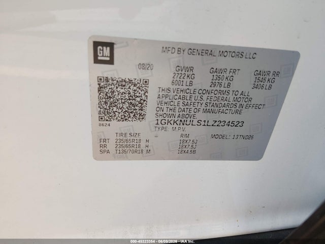 45323354 :رقم المزاد ، 1GKKNULS1LZ234523 vin ، 2020 Gmc Acadia Awd Slt مزاد بيع
