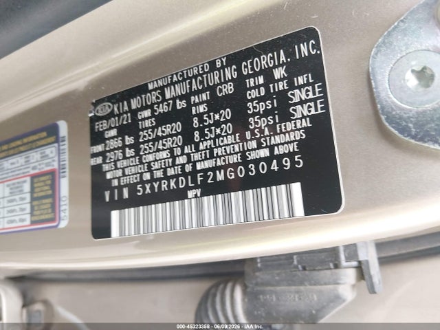 2021 Kia Sorento Sx Prestige მანქანა იყიდება აუქციონზე, vin: 5XYRKDLF2MG030495, აუქციონის ნომერი: 45323358