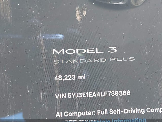45323364 :رقم المزاد ، 5YJ3E1EA4LF739366 vin ، 2020 Tesla Model 3 Standard Range Plus Rear-wheel Drive/standard Range Rear-wheel Drive مزاد بيع