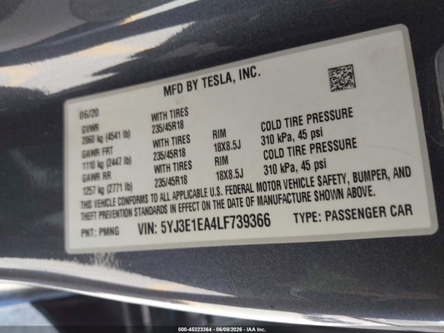 45323364 :رقم المزاد ، 5YJ3E1EA4LF739366 vin ، 2020 Tesla Model 3 Standard Range Plus Rear-wheel Drive/standard Range Rear-wheel Drive مزاد بيع