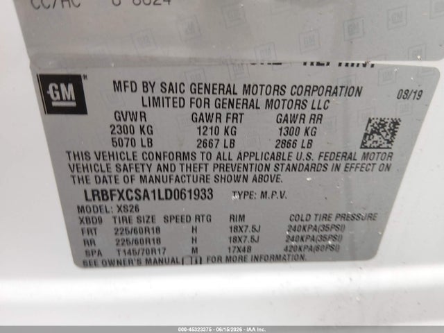 Aukcja sprzedaży 2020 Buick Envision Fwd Essence, vin: LRBFXCSA1LD061933, numer aukcji: 45323375