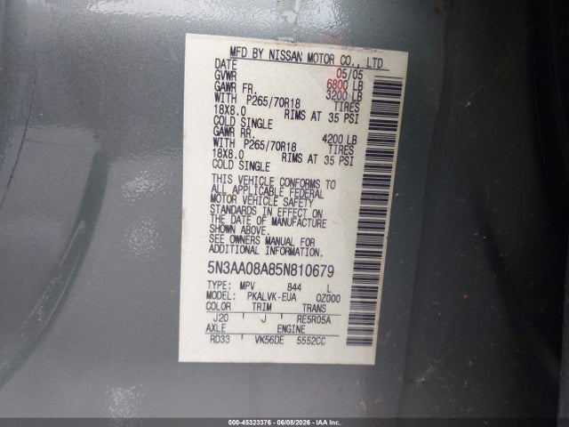 Aukcja sprzedaży 2005 Infiniti Qx56, vin: 5N3AA08A85N810679, numer aukcji: 45323376
