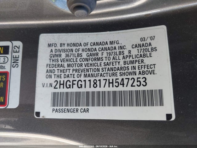 Продажа на аукционе авто 2007 Honda Civic Ex, vin: 2HGFG11817H547253, номер лота: 45323385