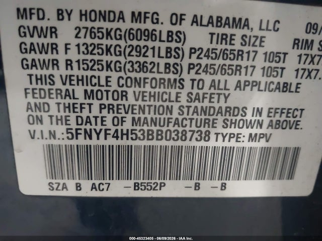 Aukcja sprzedaży 2011 Honda Pilot Ex-l, vin: 5FNYF4H53BB038738, numer aukcji: 45323405