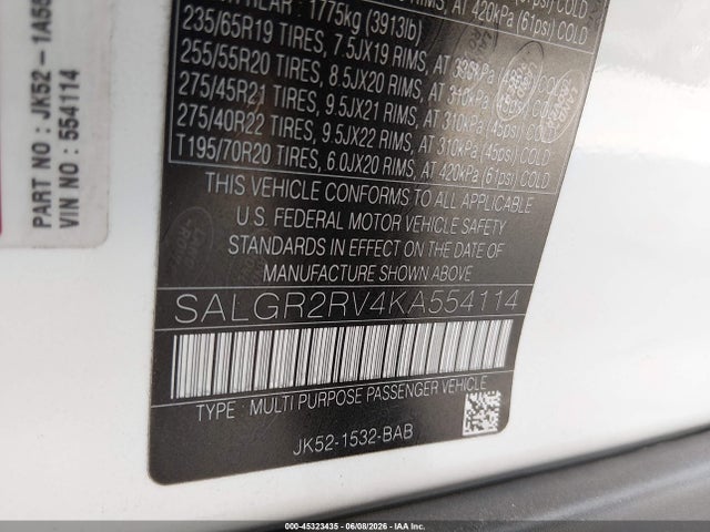 Auction sale of the 2019 Land Rover Range Rover 3.0l V6 Supercharged, vin: SALGR2RV4KA554114, lot number: 45323435