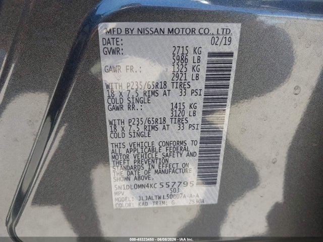 Aukcja sprzedaży 2019 Infiniti Qx60 Luxe, vin: 5N1DL0MN4KC557795, numer aukcji: 45323450