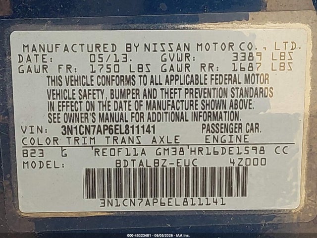 Aukcja sprzedaży 2014 Nissan Versa 1.6 Sv, vin: 3N1CN7AP6EL811141, numer aukcji: 45323481