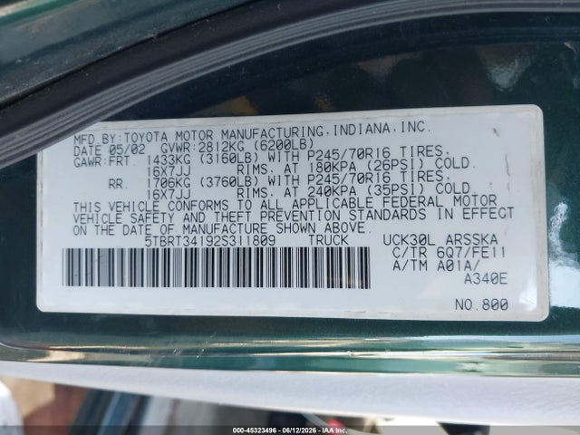 2002 Toyota Tundra Sr5 V8 მანქანა იყიდება აუქციონზე, vin: 5TBRT34192S311809, აუქციონის ნომერი: 45323496