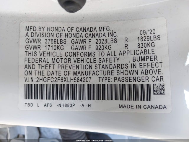 Honda Civic Lx 2020 2HGFC2F6XLH584207 Image 9