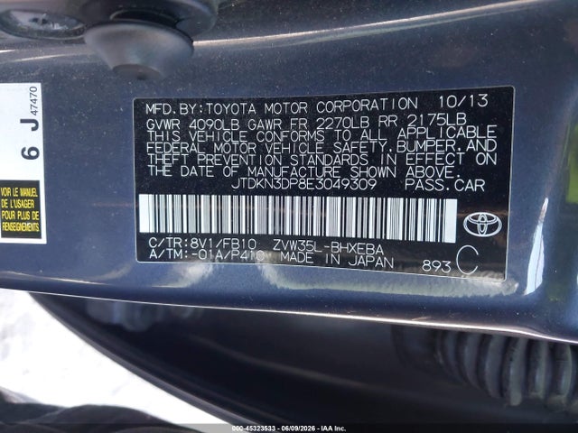 Aukcja sprzedaży 2014 Toyota Prius Plug-in, vin: JTDKN3DP8E3049309, numer aukcji: 45323533