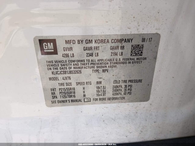2018 Buick Encore Essence მანქანა იყიდება აუქციონზე, vin: KL4CJCSB1JB532626, აუქციონის ნომერი: 45323556
