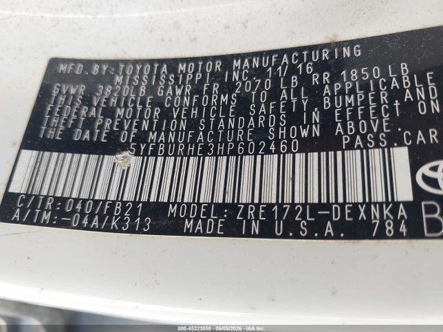 Продаж на аукціоні авто 2017 Toyota Corolla Le, vin: 5YFBURHE3HP602460, номер лоту: 45323558