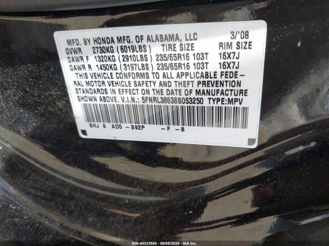 Продаж на аукціоні авто 2008 Honda Odyssey Ex-l, vin: 5FNRL38638B053250, номер лоту: 45323585