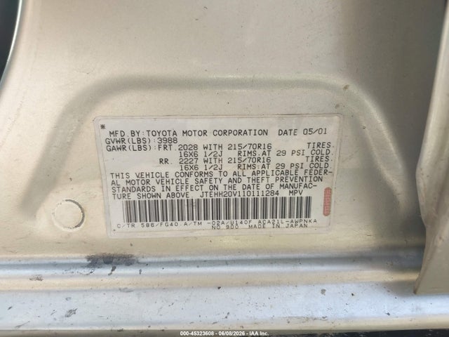 Aukcja sprzedaży 2001 Toyota Rav4, vin: JTEHH20V110111284, numer aukcji: 45323608