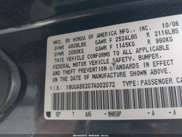 Aukcja sprzedaży 2007 Acura Tl 3.2, vin: 19UUA66207A002072, numer aukcji: 45323615