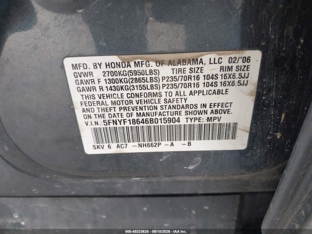 Продажа на аукционе авто 2006 Honda Pilot Ex-l, vin: 5FNYF18646B015904, номер лота: 45323626