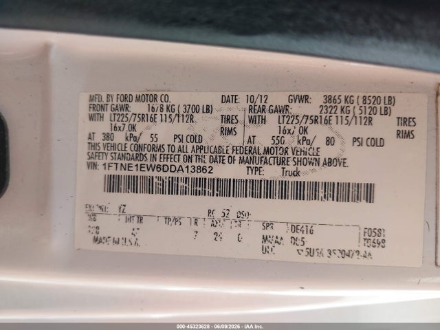 45323628 :رقم المزاد ، 1FTNE1EW6DDA13862 vin ، 2013 Ford E-150 Commercial مزاد بيع