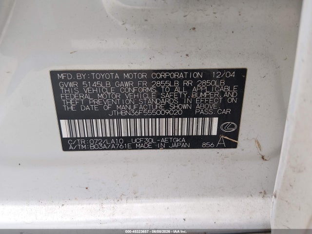 45323657 :رقم المزاد ، JTHBN36F555009020 vin ، 2005 Lexus Ls 430 مزاد بيع