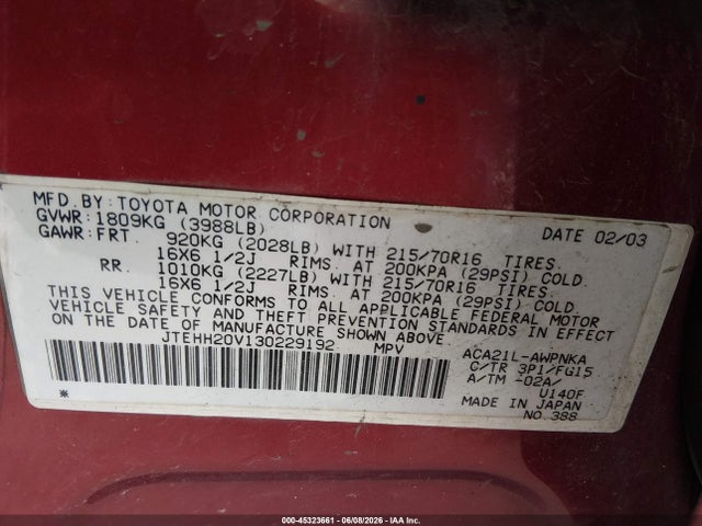 45323661 :رقم المزاد ، JTEHH20V130229192 vin ، 2003 Toyota Rav4 مزاد بيع