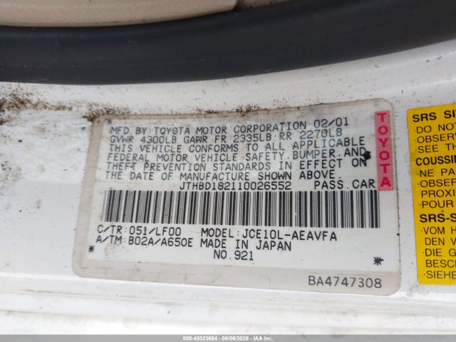 Aukcja sprzedaży 2001 Lexus Is 300, vin: JTHBD182110026552, numer aukcji: 45323664