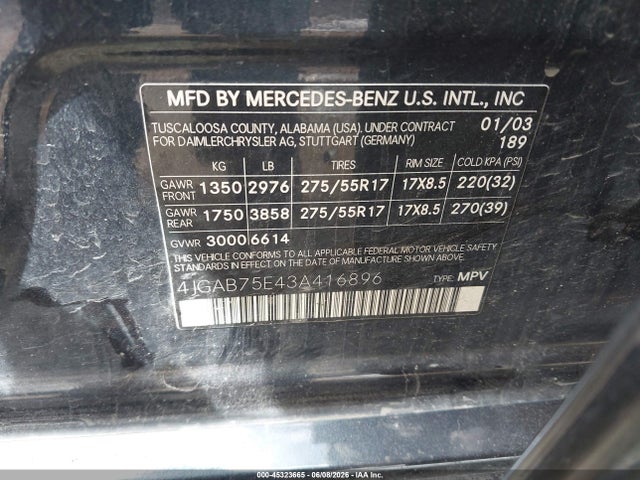 45323665 :رقم المزاد ، 4JGAB75E43A416896 vin ، 2003 Mercedes-benz Ml 500 مزاد بيع
