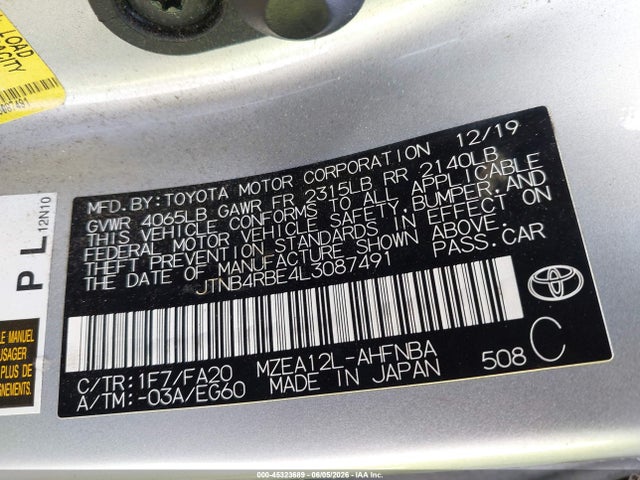 Aukcja sprzedaży 2020 Toyota Corolla Se, vin: JTNB4RBE4L3087491, numer aukcji: 45323689