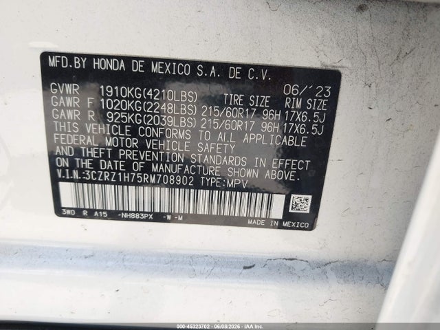 3CZRZ1H75RM708902 Honda Hr-v 2wd Ex-l/2wd Ex-l W/o Bsi