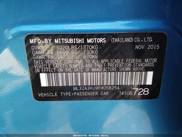 Aukcja sprzedaży 2015 Mitsubishi Mirage De, vin: ML32A3HJ9FH058254, numer aukcji: 45323758
