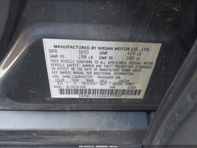 Aukcja sprzedaży 2006 Nissan Altima 3.5 Se, vin: 1N4BL11DX6N337297, numer aukcji: 45323775