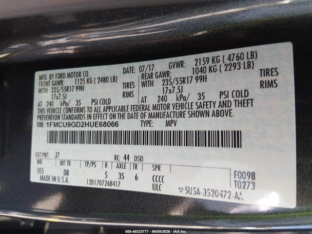 Aukcja sprzedaży 2017 Ford Escape Se, vin: 1FMCU9GD2HUE68066, numer aukcji: 45323777