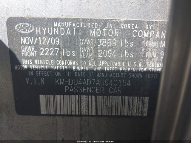 45323780 :رقم المزاد ، KMHDU4AD7AU940154 vin ، 2010 Hyundai Elantra Gls مزاد بيع