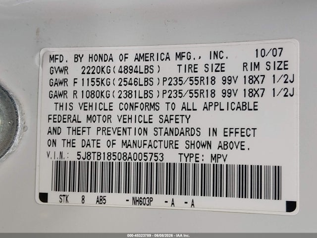 Aukcja sprzedaży 2008 Acura Rdx, vin: 5J8TB18508A005753, numer aukcji: 45323789