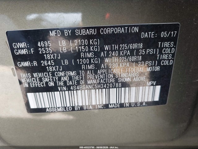 Subaru Outback 2.5i Limited 2017 4S4BSANC5H3420788 Image 9