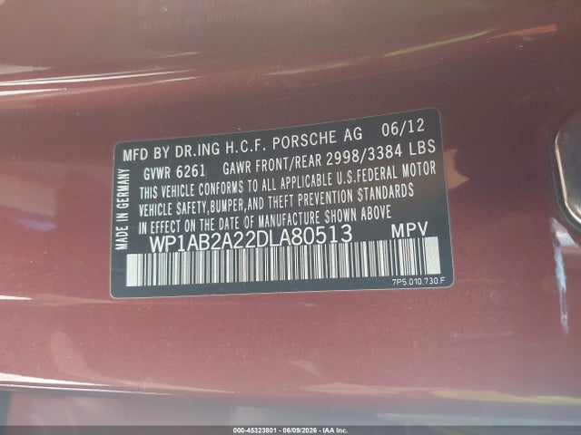 45323801 :رقم المزاد ، WP1AB2A22DLA80513 vin ، 2013 Porsche Cayenne S مزاد بيع