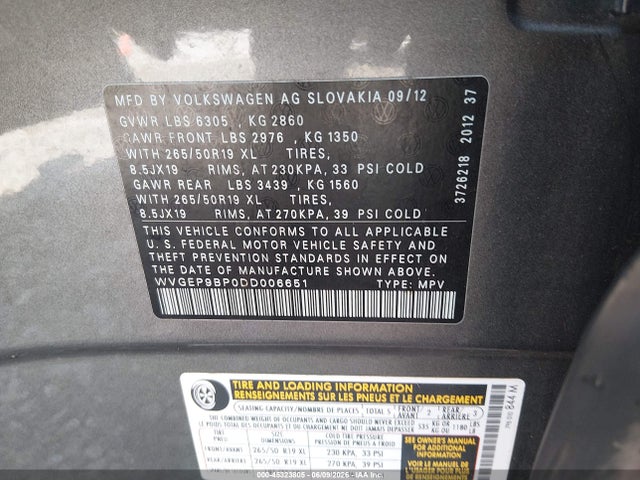 Aukcja sprzedaży 2013 Volkswagen Touareg Tdi Lux, vin: WVGEP9BP0DD006651, numer aukcji: 45323805
