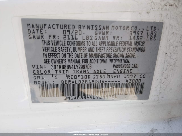 Aukcja sprzedaży 2020 Nissan Sentra S Xtronic Cvt, vin: 3N1AB8BV4LY299706, numer aukcji: 45323807