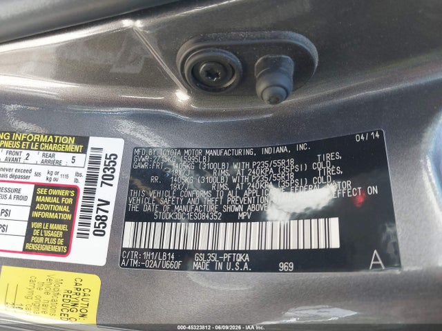 45323812 :رقم المزاد ، 5TDDK3DC1ES084352 vin ، 2014 Toyota Sienna Xle 7 Passenger مزاد بيع