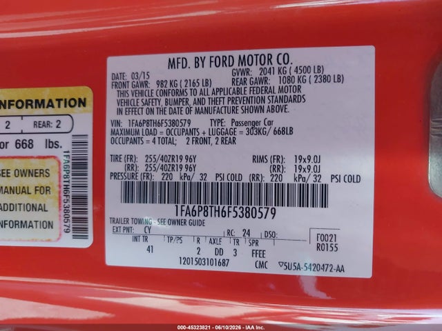 Ford Mustang Ecoboost 2015 1FA6P8TH6F5380579 Image 9