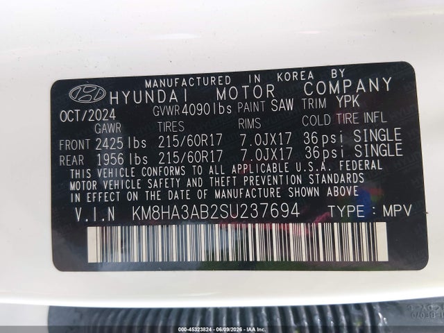 45323824 :رقم المزاد ، KM8HA3AB2SU237694 vin ، 2025 Hyundai Kona Se مزاد بيع