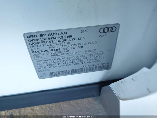45323828 :رقم المزاد ، WA1ANAFY7K2087499 vin ، 2019 Audi Q5 45 Premium مزاد بيع