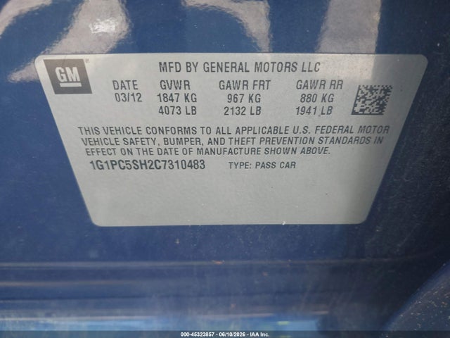 Aukcja sprzedaży 2012 Chevrolet Cruze Ls, vin: 1G1PC5SH2C7310483, numer aukcji: 45323857