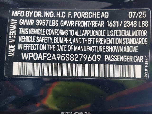 45323863 :رقم المزاد ، WP0AF2A95SS279609 vin ، 2025 Porsche 911 Gt3 Rs مزاد بيع
