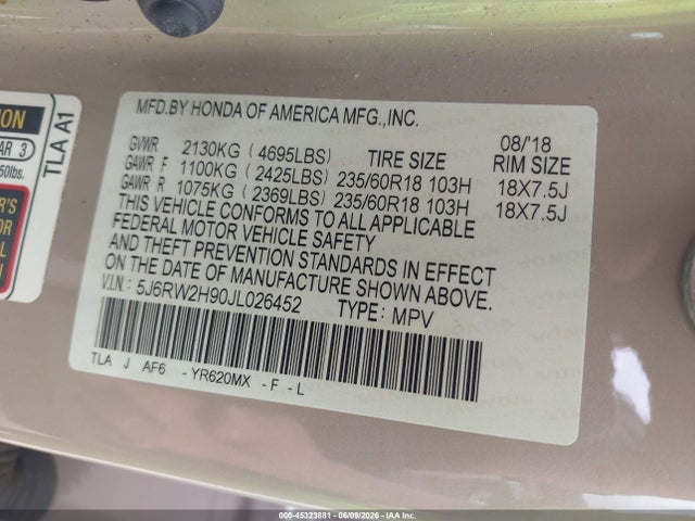 5J6RW2H90JL026452 Honda Cr-v Touring