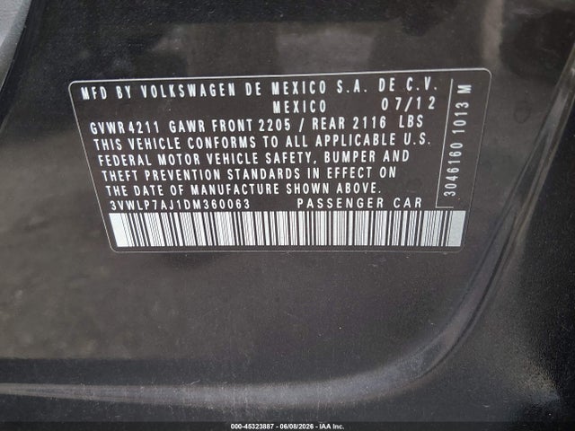 Продажа на аукционе авто 2013 Volkswagen Jetta 2.5l Sel, vin: 3VWLP7AJ1DM360063, номер лота: 45323887